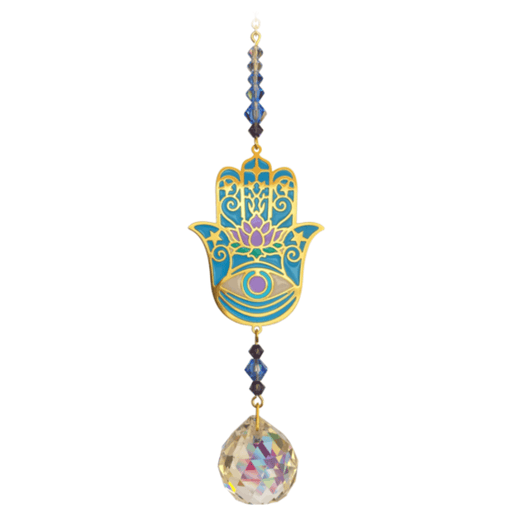 Hamsa Moonlight Crystal Suncatcher on white backdrop – turquoise-gold Hamsa with lotus & eye, indigo bead run and 20 mm crystal prism.
