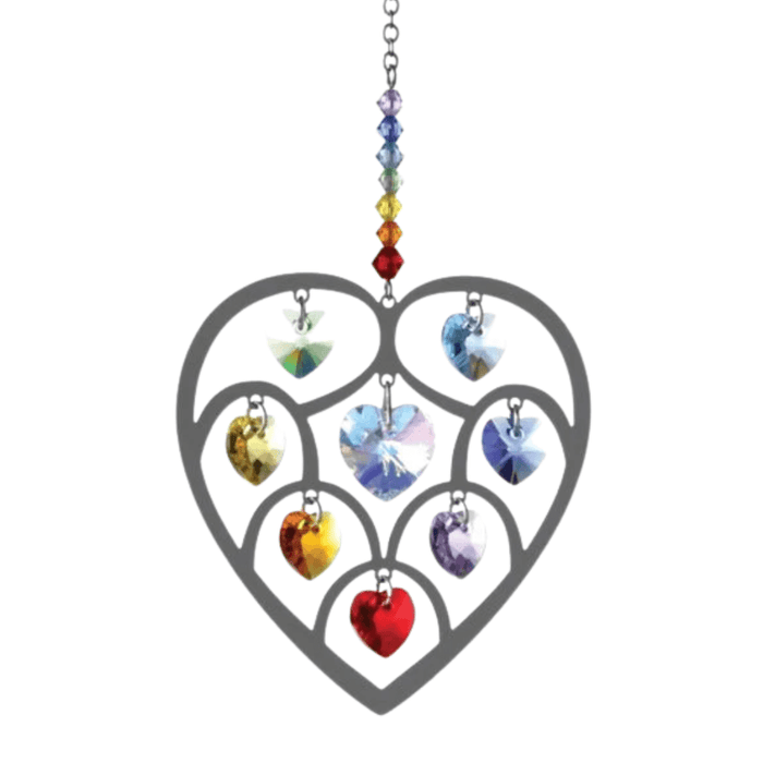 Polished metal Heart of Hearts Chakra suncatcher with rainbow crystal hearts on white background

