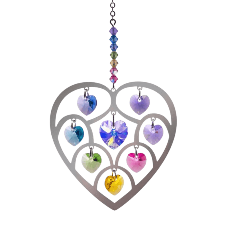 Polished metal Heart of Hearts Confetti suncatcher with rainbow crystal hearts on white background


