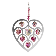 Polished metal Heart of Hearts suncatcher with deep-rose crystal hearts on white background

