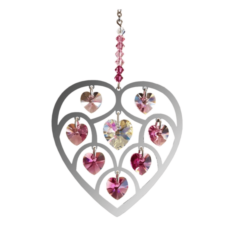 Polished metal Heart of Hearts suncatcher with deep-rose crystal hearts on white background

