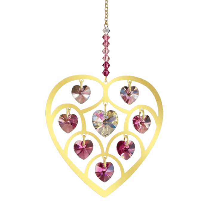 Gold-finished Heart of Hearts suncatcher with deep-rose crystal hearts on white background

