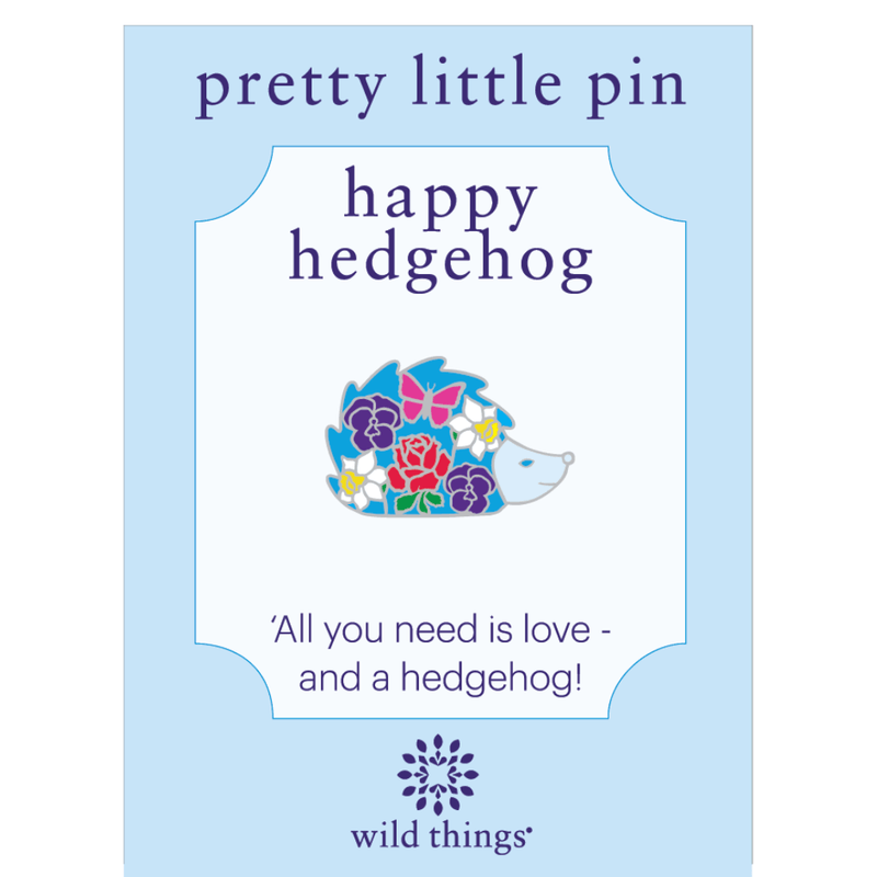 Wild Things Hedgehog enamel pin in a multi-coloured woodland animal design
