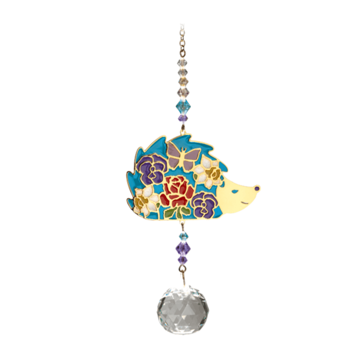 Wild Things Hedgehog multicolour crystal suncatcher with floral design, crystal beads and clear hanging prism on plain background