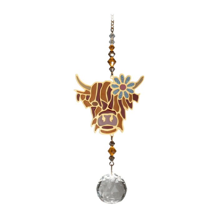 Wild Things Highland Cow Brown crystal suncatcher with amber beads and clear crystal ball on plain background
