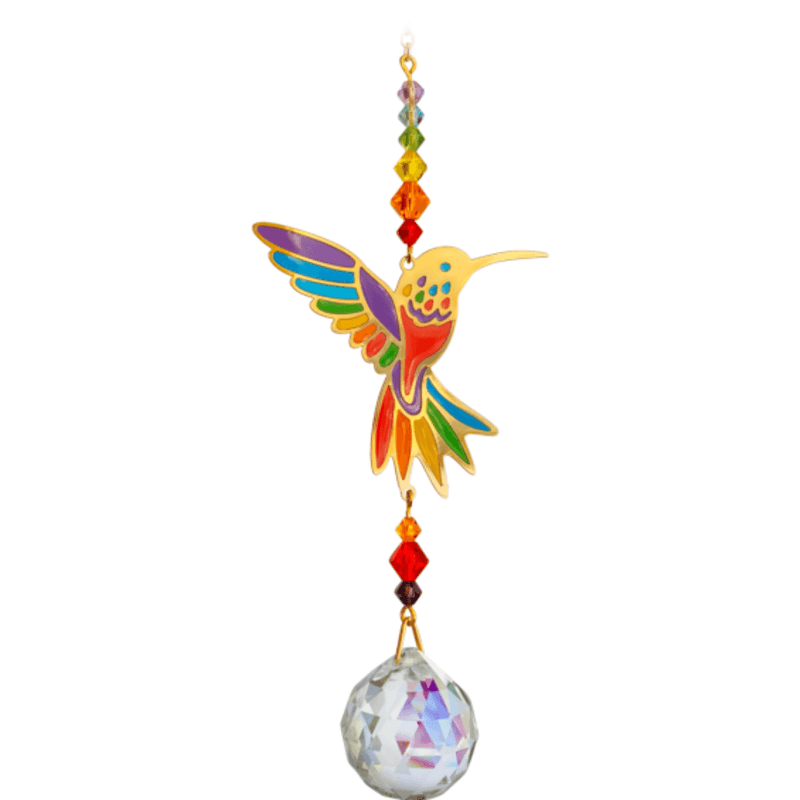Hummingbird Rainbow Crystal Suncatcher on white backdrop – multicoloured hummingbird, rainbow bead run and 20 mm crystal ball prism.
