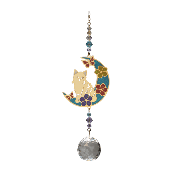 Wild Things Kitty on Moon multicolour crystal suncatcher with kitten, crescent moon, flowers and clear crystal ball on plain background