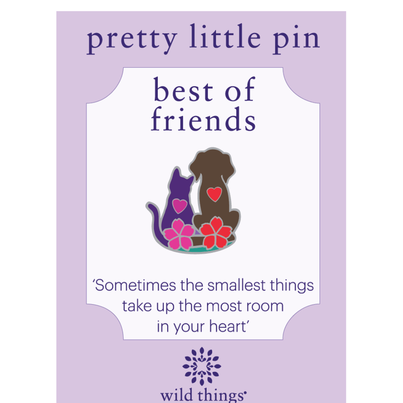 Wild Things Kitty and Puppy on Leaf enamel pin with multi-coloured cat and dog design