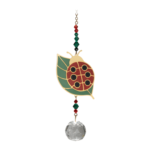 Wild Things Ladybug on Leaf multicolour crystal suncatcher on a green leaf with red and green crystal beads on plain background