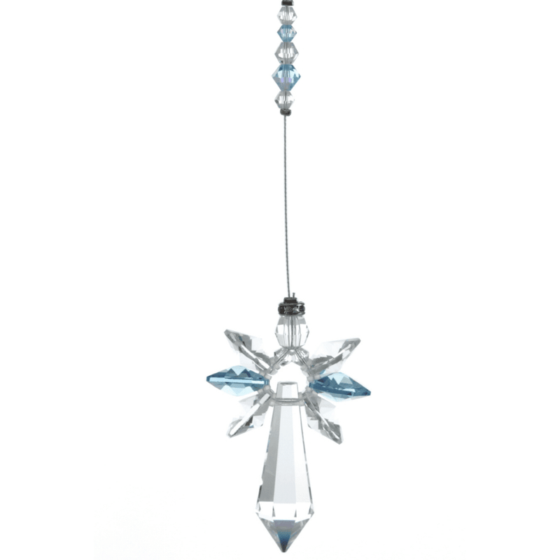 Wild Things large aquamarine guardian angel crystal hanging on white background