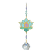 Lotus Aurora Crystal Suncatcher on white backdrop – turquoise lotus with gold edging, lilac Om symbol, pastel bead run and 20 mm crystal prism.
