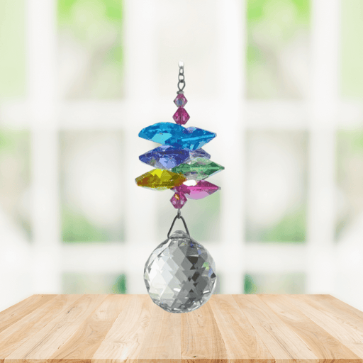 Wild Things confetti crystal cascade suncatcher in window with brilliant 20mm ball pendant, rainbow maker