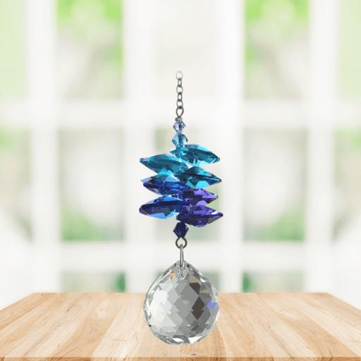 Wild Things Moonlight Cascade Ball crystal suncatcher on window, blue crystals with clear 20mm ball pendant