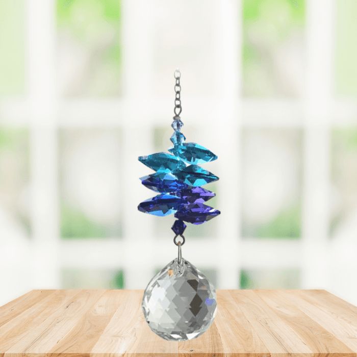 Wild Things Moonlight Cascade Ball crystal suncatcher on window, blue crystals with clear 20mm ball pendant