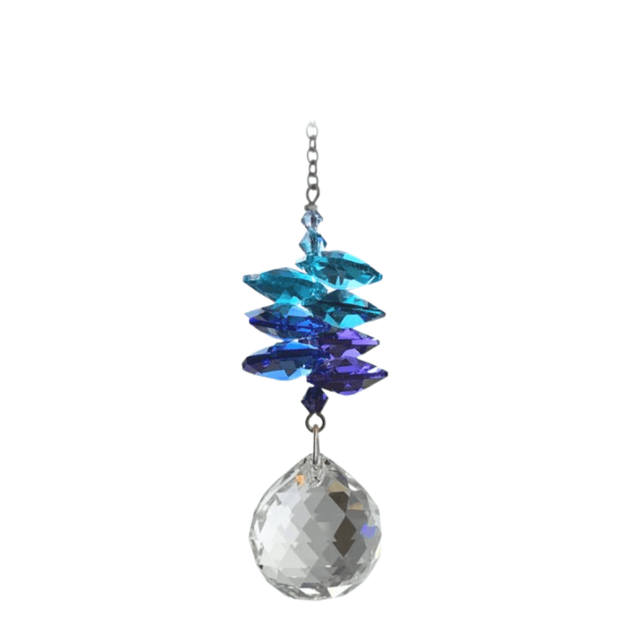 Wild Things Medium Moonlight Cascade Ball crystal suncatcher with blue cascade and clear 20mm ball, white background