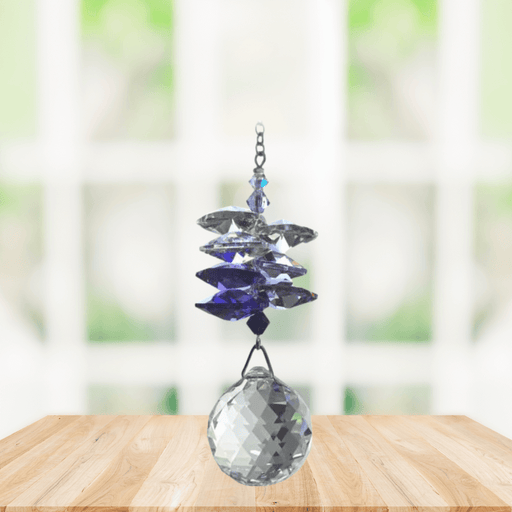 Wild Things purple cascade crystal suncatcher in window with clear 20mm ball pendant, rainbow maker