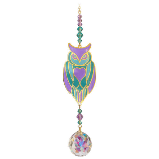 Owl Aurora Crystal Suncatcher on white backdrop – teal-and-lavender owl with heart chest, jewel-tone bead run and 20 mm crystal prism.
