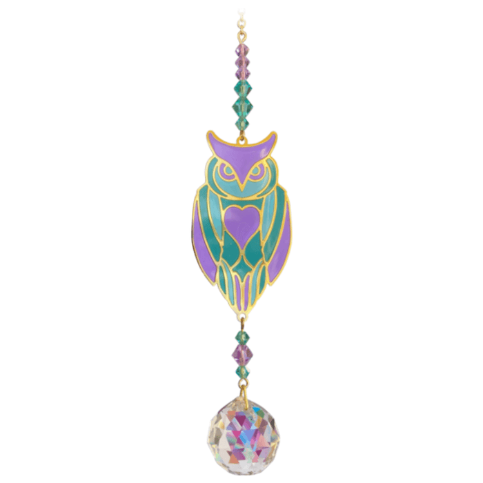 Owl Aurora Crystal Suncatcher on white backdrop – teal-and-lavender owl with heart chest, jewel-tone bead run and 20 mm crystal prism.
