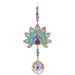 Peacock Purple Crystal Suncatcher on white backdrop – violet peacock with turquoise–gold fan tail, jewel-tone bead run and 20 mm crystal prism.
