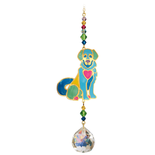 Puppy Bright Crystal Suncatcher on white backdrop – rainbow-coloured puppy with pink heart, multicolour bead run and 20 mm crystal prism.
