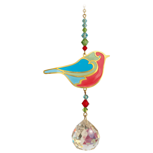 Robin Crystal Suncatcher on white backdrop – sky-blue and red robin, holly-tinted bead run and 20 mm crystal prism.
