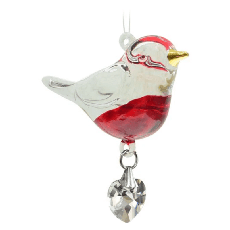 Close-up of clear and red glass Robin suncatcher with heart-shaped crystal drop on white background


