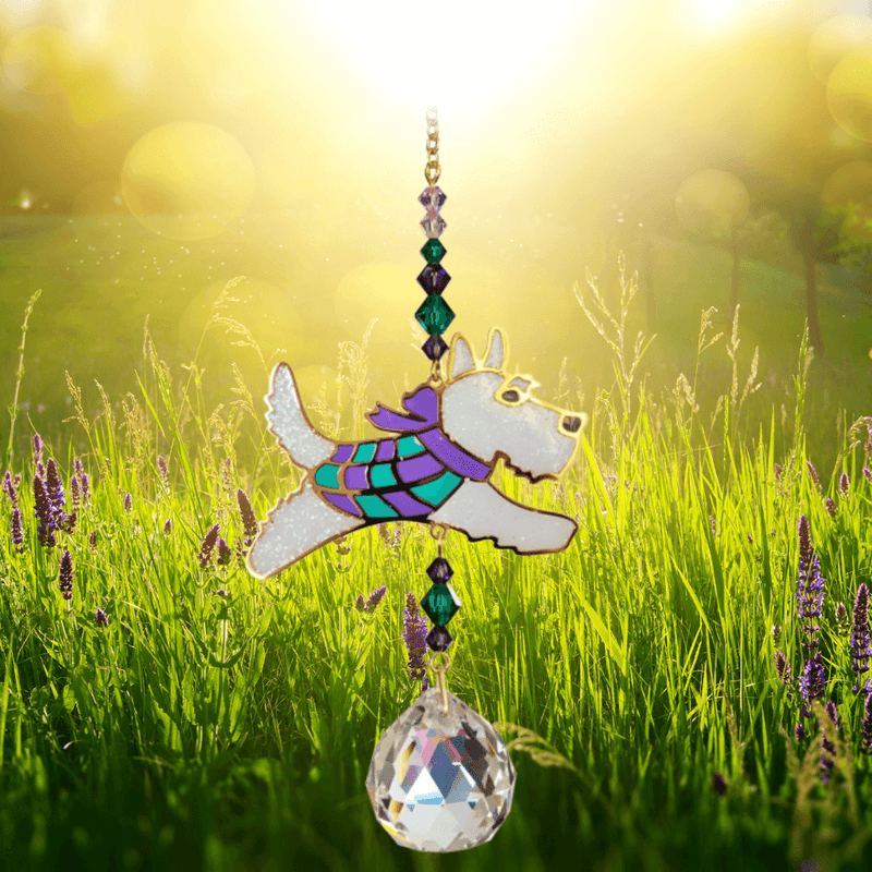 Scottie Dog Crystal Suncatcher racing through sun-drenched meadow – festive terrier motif, jewel-tone bead cascade and 20 mm prism scattering rainbows.

