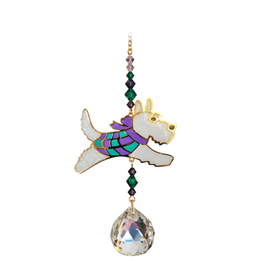 Scottie Dog Crystal Suncatcher on white backdrop – glitter-white terrier wearing purple-green scarf, jewel-tone bead run and 20 mm crystal prism.
