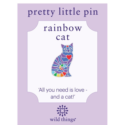 Wild Things Sitting Cat Heart enamel pin with rainbow heart detail
