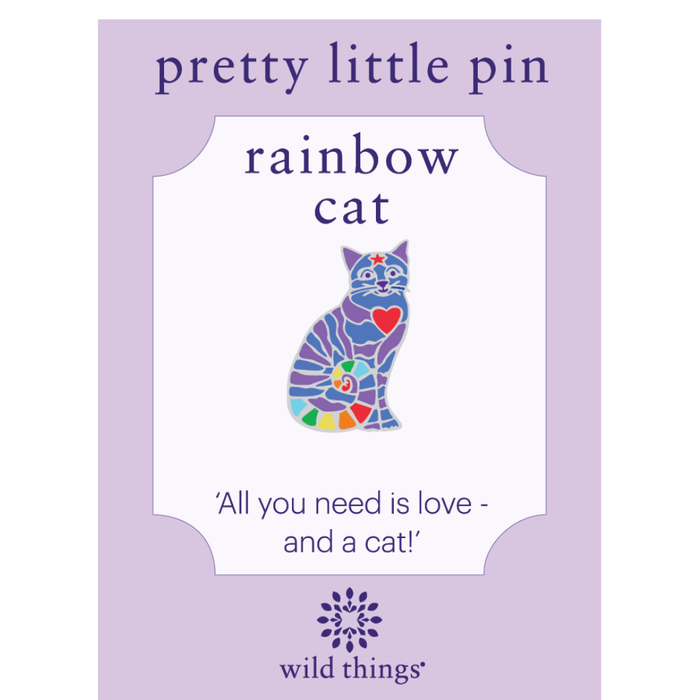 Wild Things Sitting Cat Heart enamel pin with rainbow heart detail