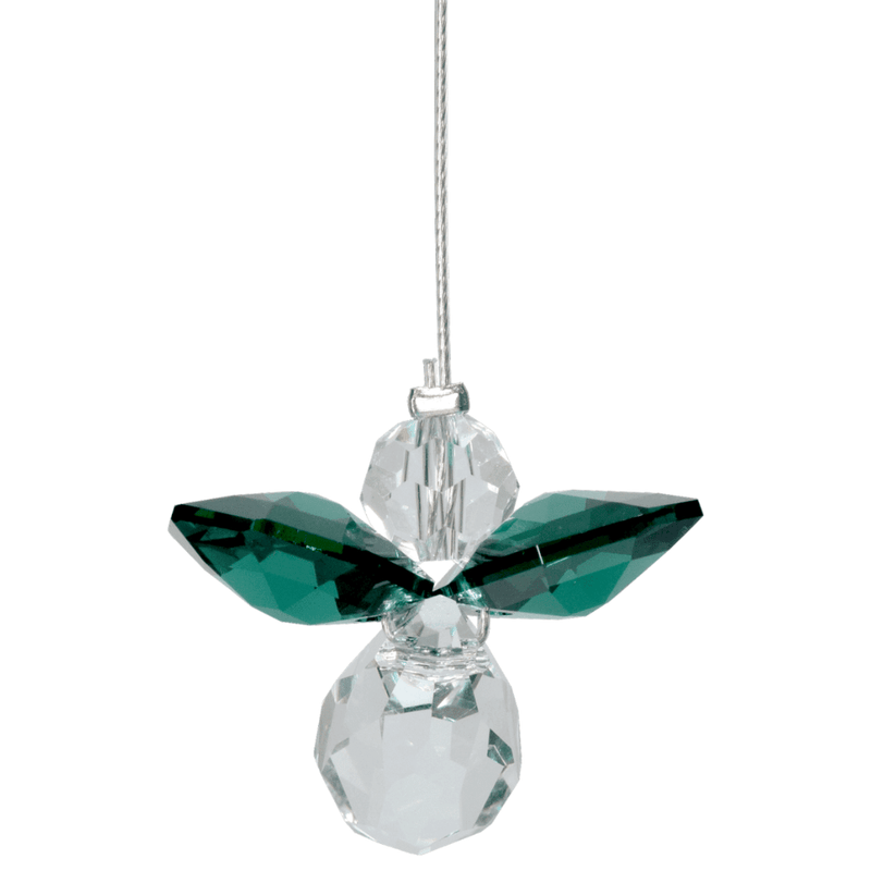 Wild Things small emerald guardian angel Swarovski crystal hanging on white background
