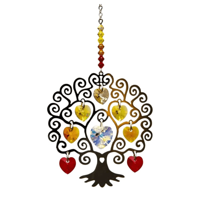 Front-view product shot of Tree of Life autumn crystal heart suncatcher in dark metal on white background

