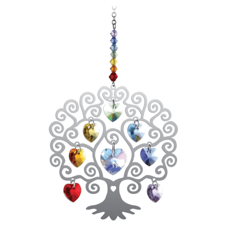 Front-view product shot of Tree of Life Chakra crystal heart suncatcher in brushed metal on white background

