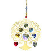 Gold-finish Tree of Life Chakra suncatcher with rainbow crystal hearts on a white background

