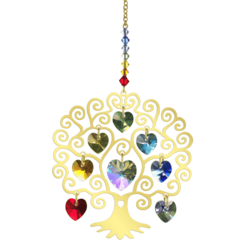 Gold-finish Tree of Life Chakra suncatcher with rainbow crystal hearts on a white background

