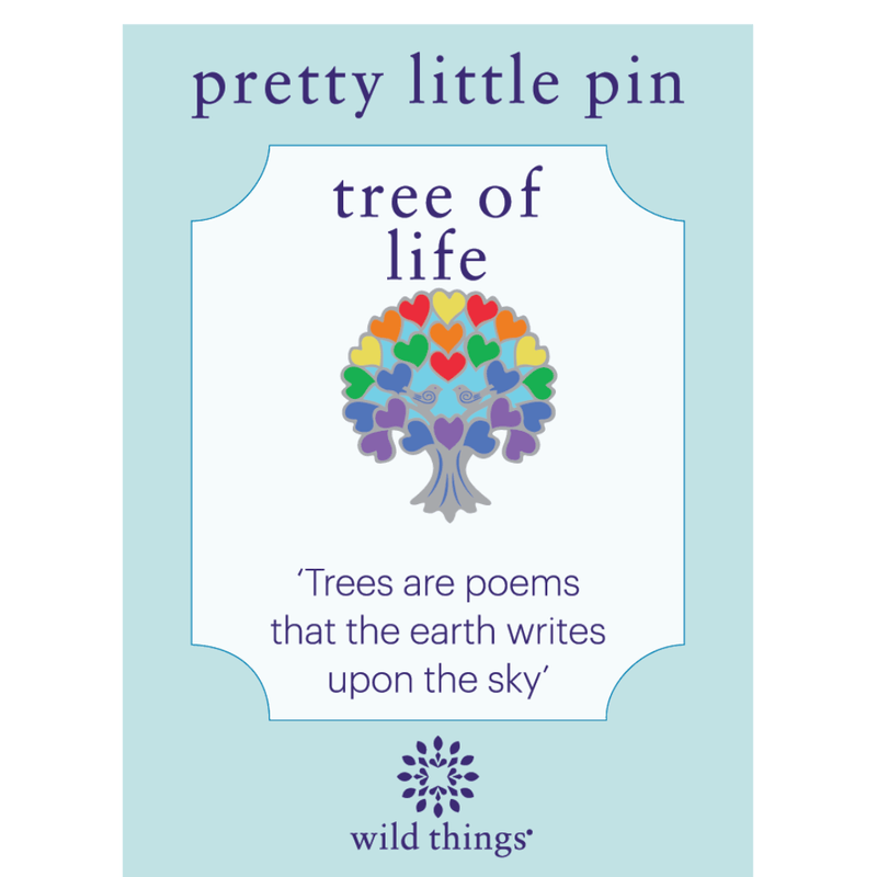 Wild Things Tree of Life enamel pin on backing card with rainbow heart leaves and tree quote