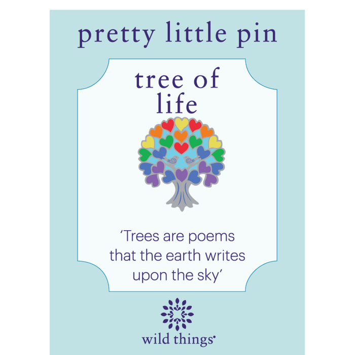 Wild Things Tree of Life enamel pin on backing card with rainbow heart leaves and tree quote