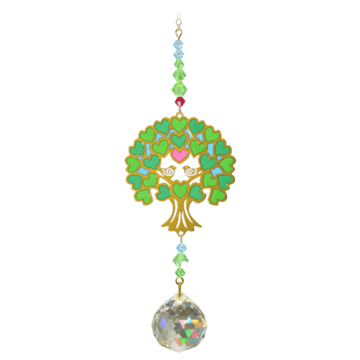Tree of Life Green Crystal Suncatcher on white backdrop – gold tree crowned with jade-and-aqua heart leaves, rainbow bead run and 20 mm crystal prism.
