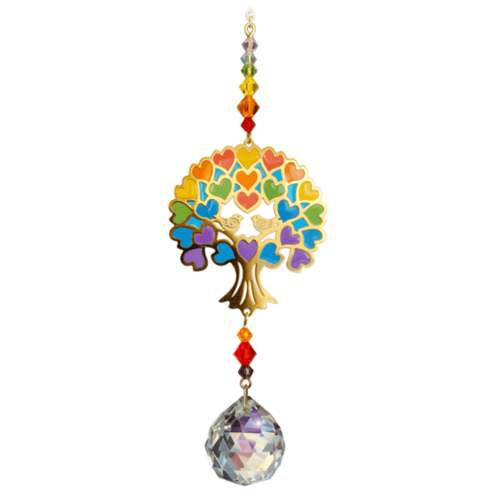 Tree of Life – Rainbow Crystal Suncatcher on white backdrop – gold tree with multicoloured heart leaves, rainbow bead cascade and 20 mm crystal prism.

