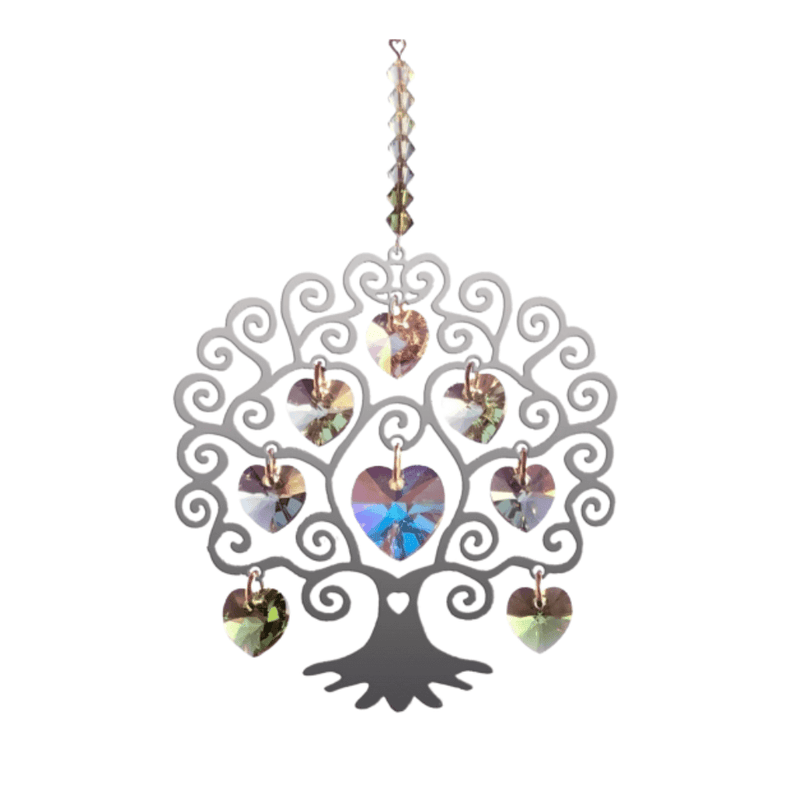 Front-view product shot of Tree of Life spring crystal heart suncatcher on white background

