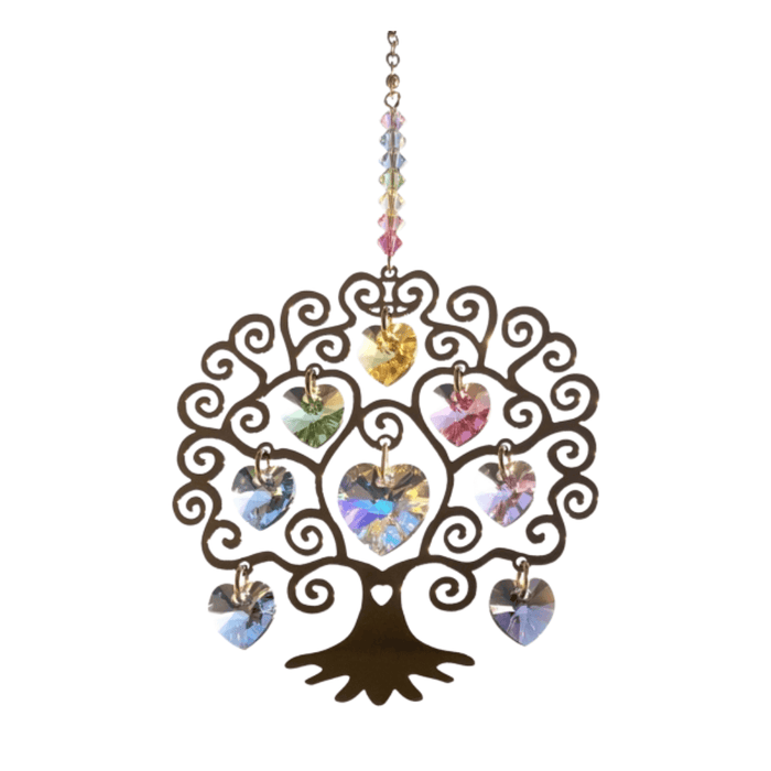 Front-view product shot of Tree of Life summer crystal heart suncatcher on white background

