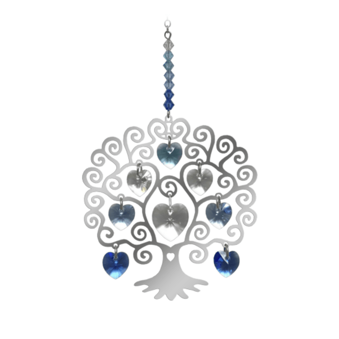 Front-view product shot of the Tree of Life winter crystal heart suncatcher in stainless steel on a white background

