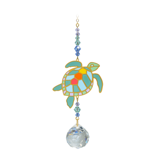 Turtle Marine Crystal Suncatcher on white backdrop – mosaic-shell sea turtle, aqua-blue bead run and 20 mm crystal prism.
