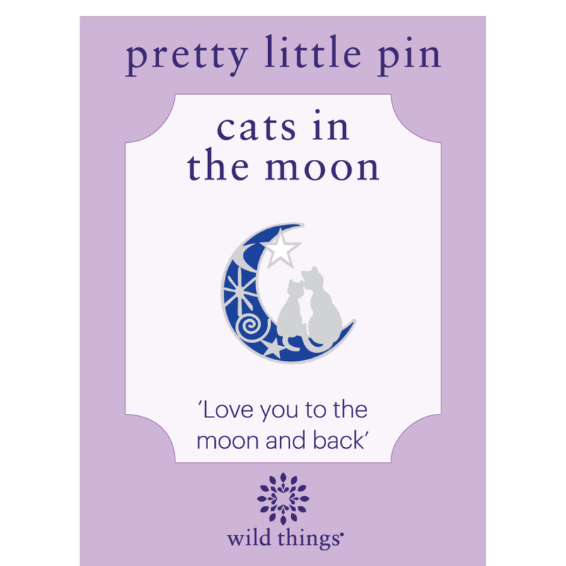 Wild Things Two Cats in the Moon enamel pin on backing card with Love you to the moon and back message