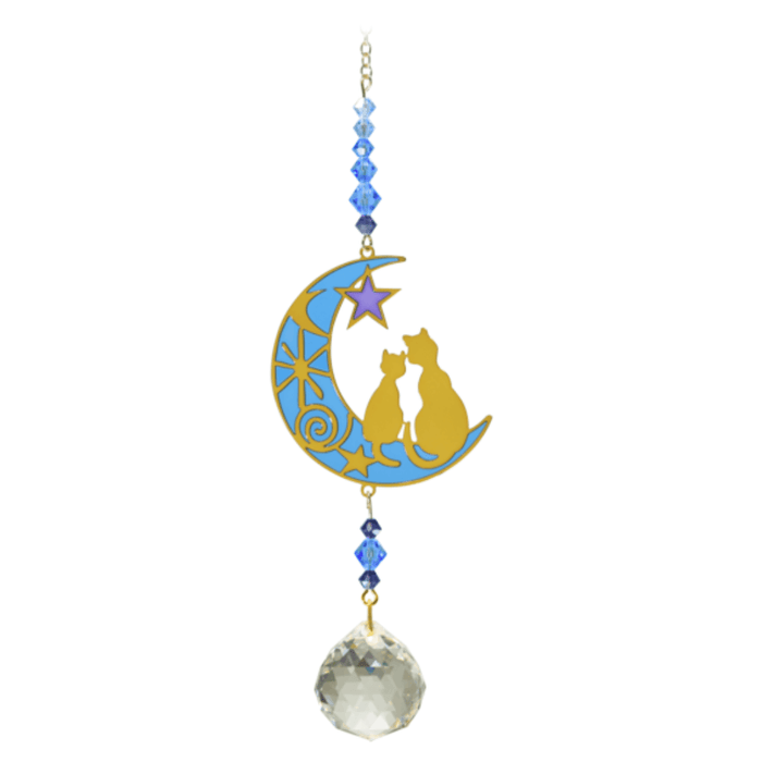 Two Cats Moonlight Crystal Suncatcher on white backdrop – gold crescent moon with sitting cat duo, sapphire bead run and 20 mm crystal prism.
