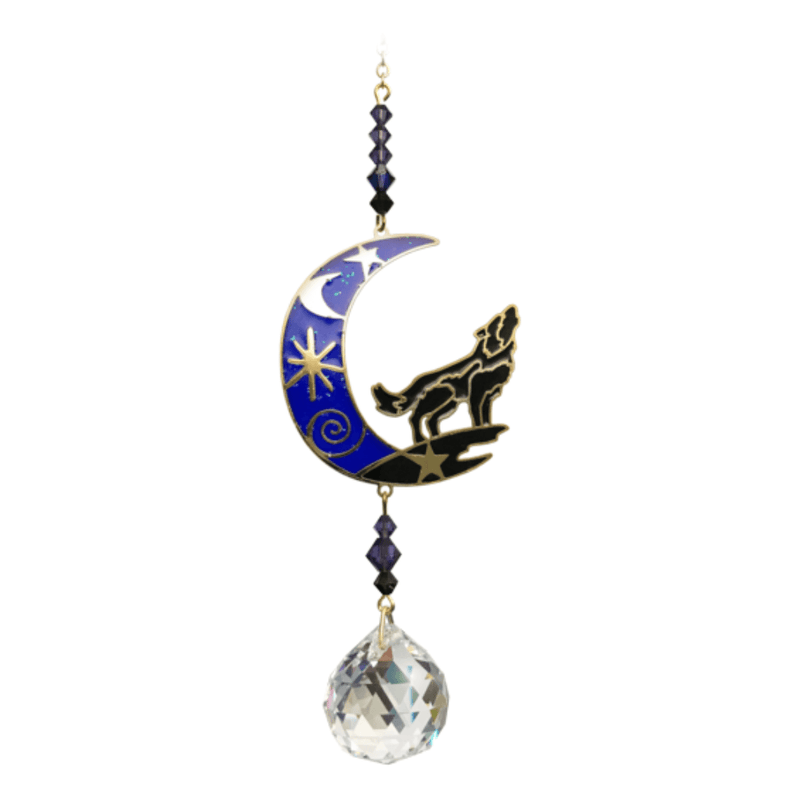 Wolf in Moon – Moonlight Crystal Suncatcher on white backdrop: midnight-blue crescent moon, gold wolf silhouette, indigo bead run and 20 mm crystal prism.
