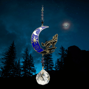 Wolf in Moon – Moonlight Crystal Suncatcher against starlit forest; shimmering blue crescent, gold wolf, twilight bead cascade and 20 mm prism scattering rainbows.

