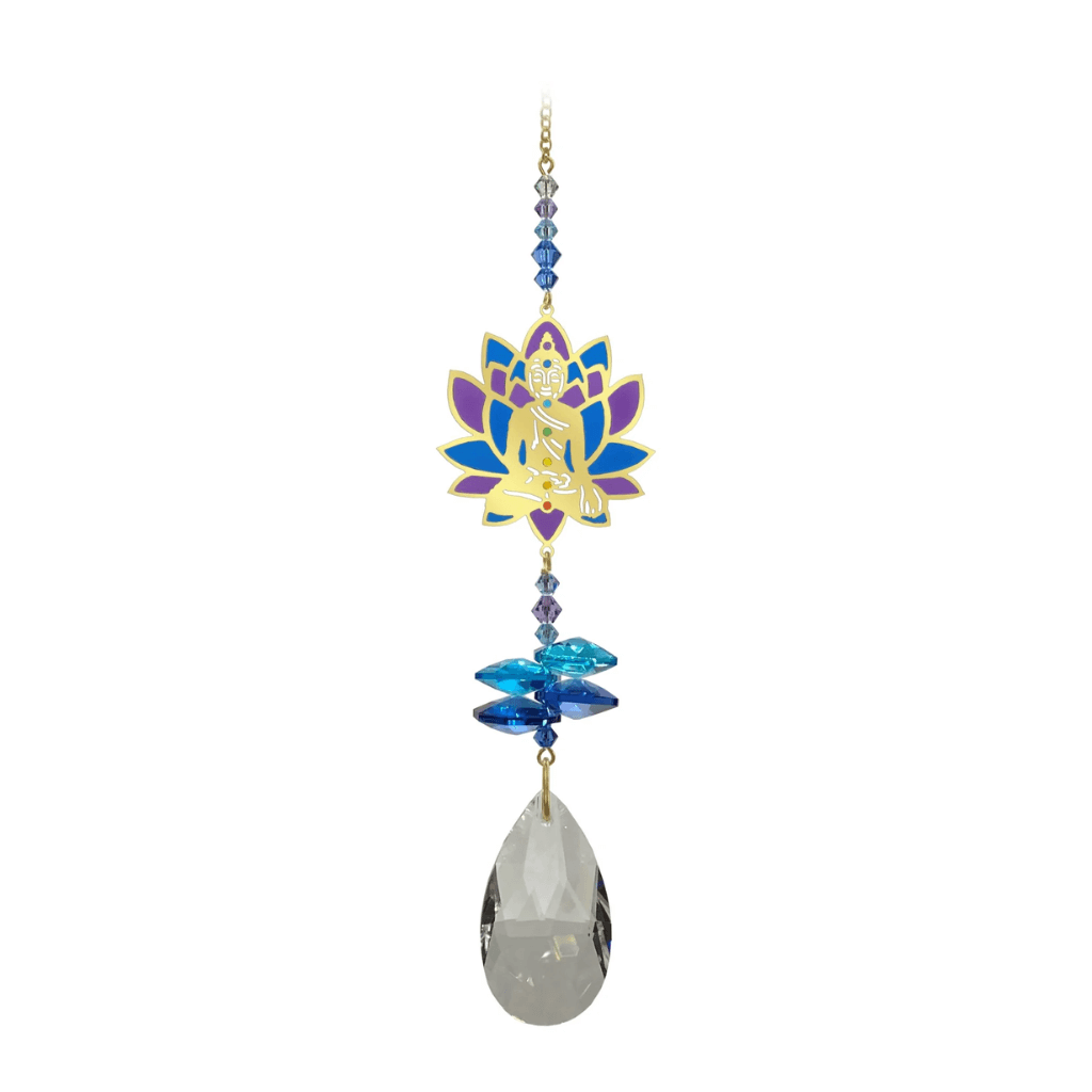 Window Jewels Buddha moonlight crystal suncatcher on white background, mirror-gold motif with blue and purple crystals and clear drop.