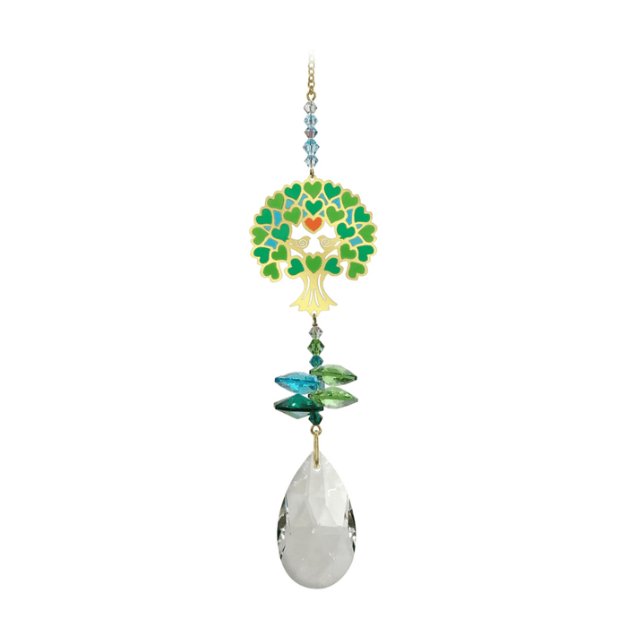Window Jewels Tree of Life green crystal suncatcher with mirror-gold motif, bead run and clear crystal drop, rainbow maker on white.