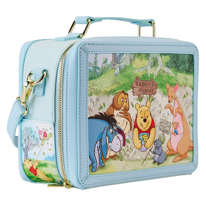 Side view of crossbody bag featuring Eeyore, Owl, Kanga, Roo, and Pooh at Rabbit's House